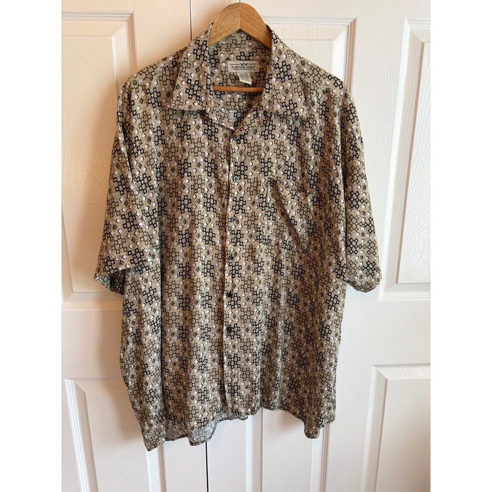 Natural Issue Mens XXL Rayon Button Down Shirt Geometric Diamond Tan Black White
